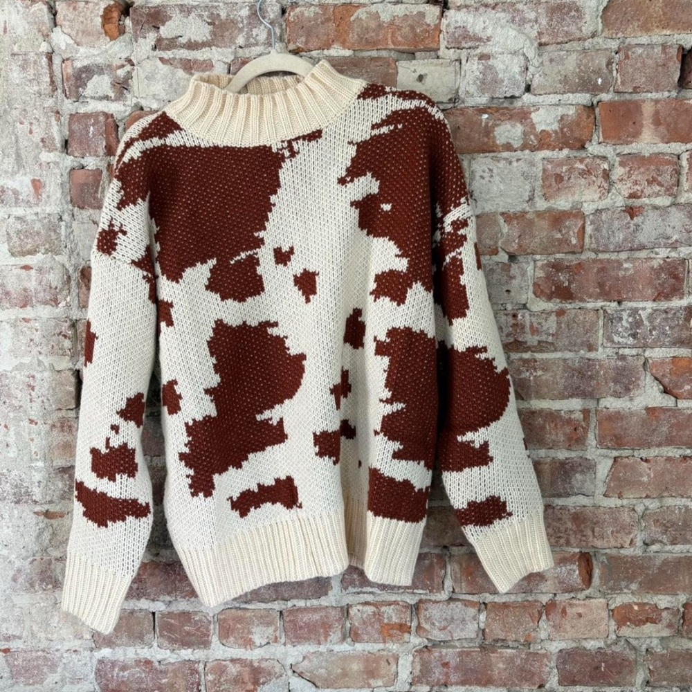 Brown and Cream Cow Print Patterned Sweater